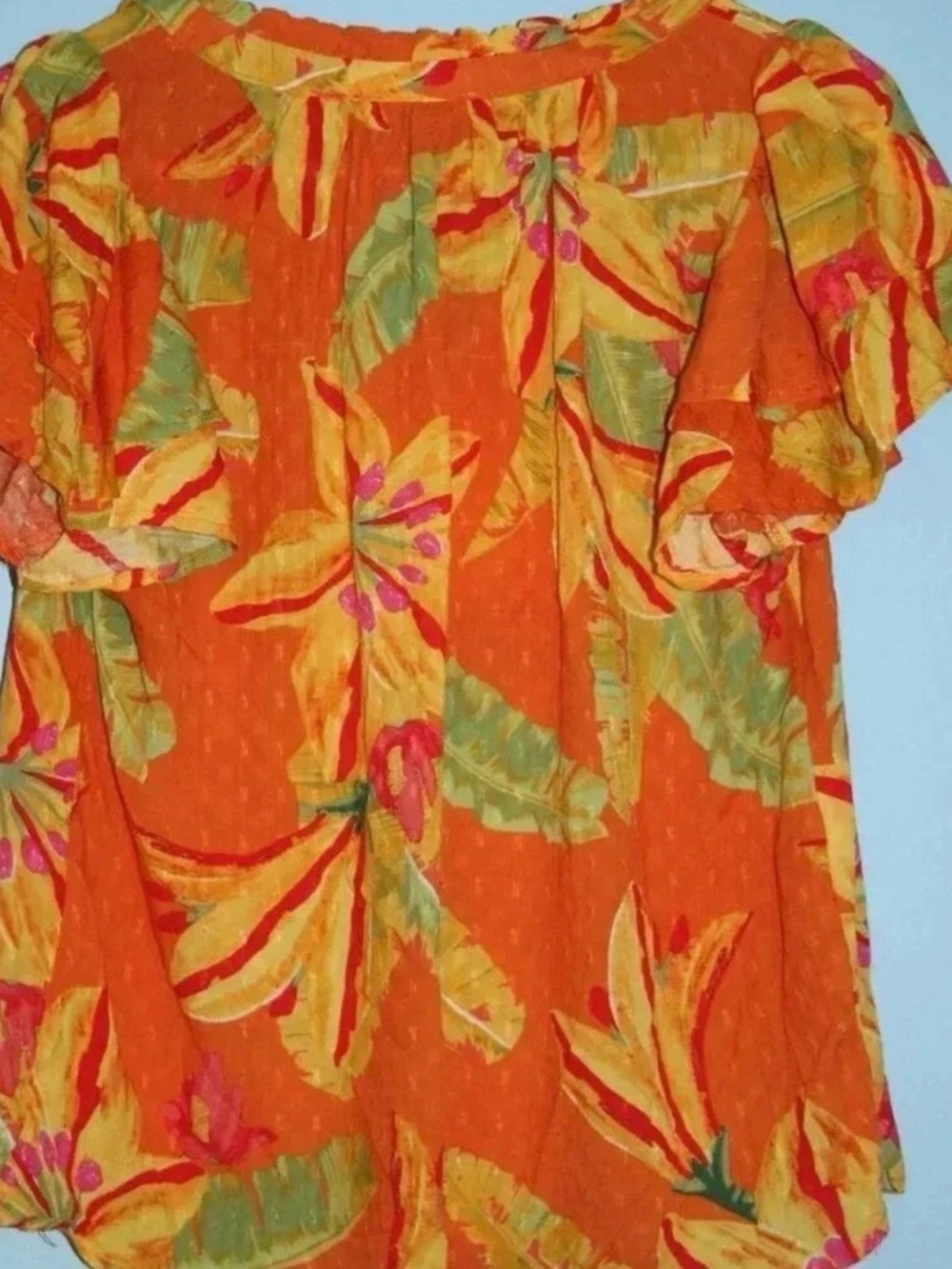 Haute Hippie Style Tropical Floral Flutter Sleeve Blouse XL Orange Boho Coastal - Picture 10 of 14
